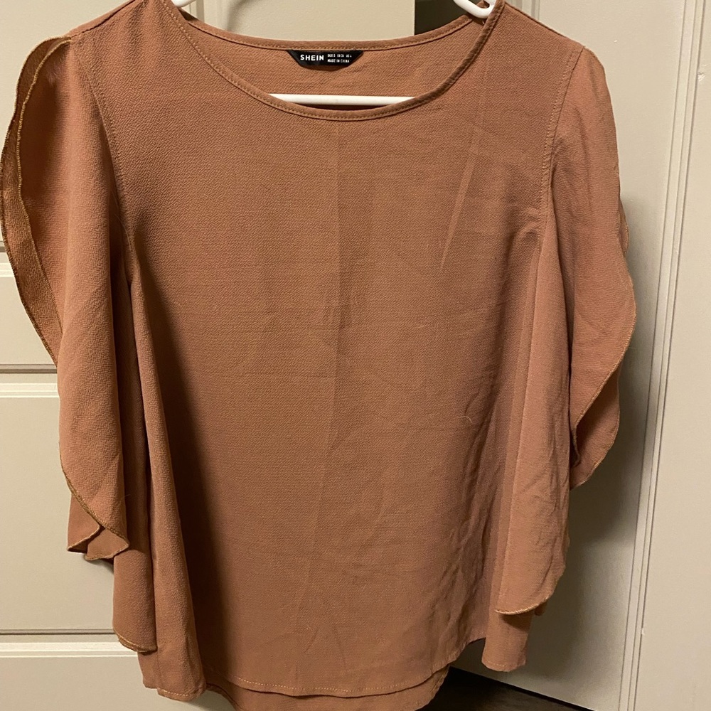 Brown Flutter Sleeve Blouse